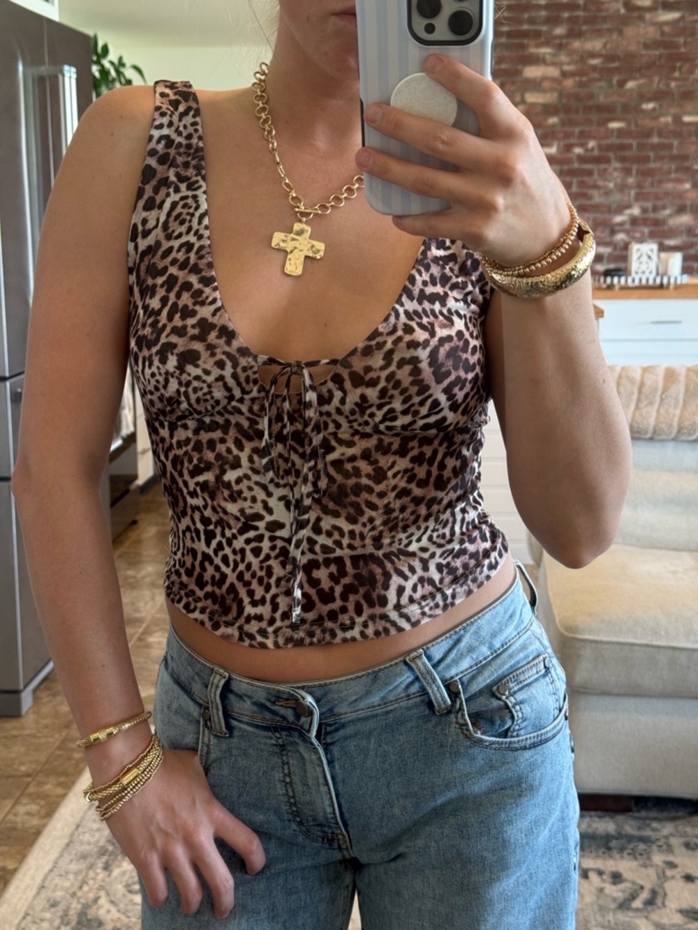 SHEIN Leopard Print Tie-Front Tank Top - Brown/Black